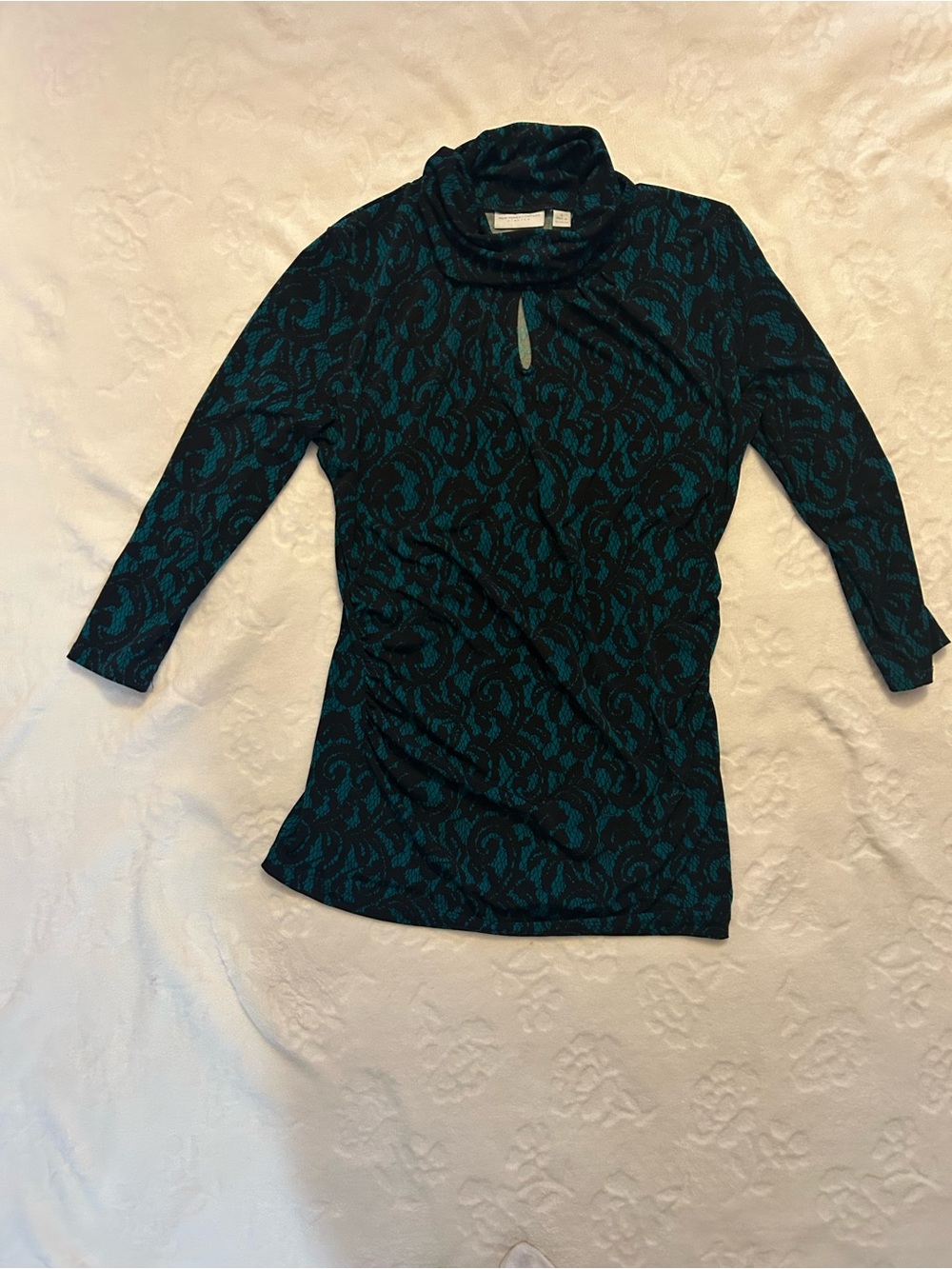 New York & Company Teal and Black Patterned Cowl Neck Top